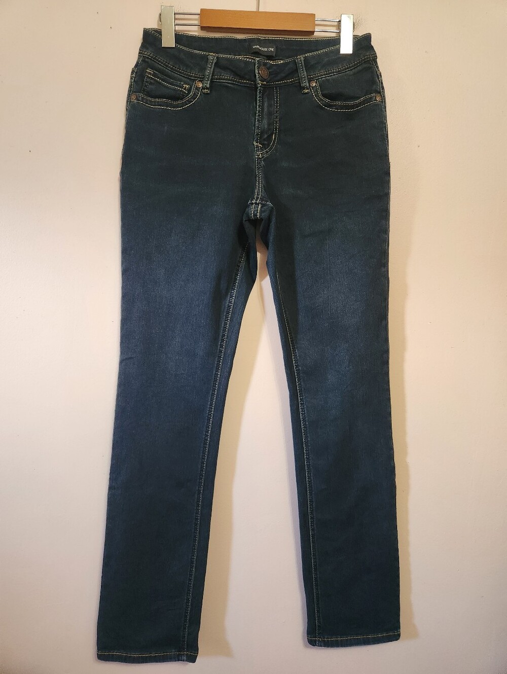 Warehouse One Dark Wash Straight Leg Long Jeans W.ONE Mid Rise Stretch Denim 29